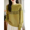Suéter de Tricô Jacquard Fair Isle Retrô com Gola Redonda para Mulheres, Suéter Grosso Color-Blocking de Outono e Inverno, Blusa Feminina de Corte Solto