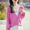 Cardigã de tricô fino feminino com design francês, jaqueta falsa de duas peças color-blocking, novo suéter básico outono/inverno 2026