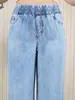 Calça Jeans Solta Wide-Leg com Cintura Elástica para Mulheres, Calça Reta com Cintura Elástica Ajustável por Cordão, Jeans Feminino Plus Size com Barra Desfiada