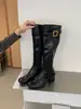 Botas Longas de Couro Estilo Retro Coreano para Mulheres Verão 2026, Botas de Inverno com Salto Bloco Quadrado Fino, Botas de Montaria até o Joelho
