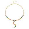 Colar Feminino de Flor de Quatro Pétalas com Zircônia Colorida Inlaid Estilo Retro Europeu e Americano Luxo Leve Joia de Temperamento Aço Inoxidável Banhado a Ouro 18K