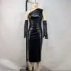 Vestido Asimétrico de Hombro en Piel Sintética, Moda Femenina Transfronteriza Europea y Americana, Ajustado, Ceñido al Busto, Fruncido, Sexy, Ceñido a la Cadera, Vestido Largo de Piel con Abertura