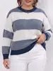 Ropa de talla grande para mujer de comercio exterior europeo y americano transfronterizo, tops de suéter para mujer, prendas de punto de moda a rayas y bloques de color casuales para otoño e invierno para mujeres