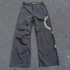 Calça de Trabalho Casual com Estampa Retro Americana Caimento Fluido Lavada Costurada Verão Leve Crocante Respirável