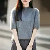 Tricô de lã sem costura com gola alta discreta e forro de fleece para mulheres, suéter de manga três-quartos para início de outono, camiseta de manga curta, top para usar por baixo