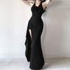 Estilo Europeo y Americano Transfronterizo Nuevo Estilo Halter Cuello Descubierto Falda Larga Vestido de Noche para Mujer Abertura Cintura Ajustada Sin Mangas Falda Línea A Verano