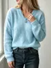 Suéter de punto de lana con cuello en V para mujer, superventas transfronterizo de otoño e invierno, suave y cómodo, adecuado para ir al trabajo, simple y versátil, suéter de punto de color liso