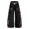 Pantalones de Chándal Retro Americano Estilo Asiático Estampado de Notas Musicales Unisex Corte Limpio Doble Cintura Pierna Ancha Pantalones Casuales de Pareja Modernos