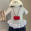 Traje de Verano para Niñas de Jeans con Mangas Cortas, Nuevo Estilo Camiseta de Cuadros con Encaje Piernas Anchas