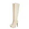 Botas de salto alto europeias e americanas até o joelho com zíper lateral 35-46 outono e inverno femininas de camurça longas com bico redondo e plataforma impermeável, salto ultralongo