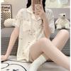 Verão New Arrival Pijamas Das Mulheres Tecido Enrugado Lace Lapela Cardigan Shorts De Manga Curta Sweet Home Conjunto de Roupas
