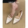Sapatos de camurça elegantes de bico fino e salto baixo para mulheres, sandálias de verão respiráveis com trama, Mary Jane com recorte lateral vazado e bico fechado