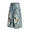 F9056 Calle Principal Americana Unisex Estilo Urbano de Alta Gama Diseño Multitaladro Pantalones Cortos de Mezclilla Sueltos para Hombre Recortados