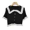 Camiseta de Verano para Mujer 2025 con Cuello Peter Pan, Manga Corta, Ajustada, Corta, de Cintura Alta, Tejida, Seda de Hielo, Camisa con Cintura de Cardigan, Estilo Francés