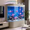 Nuevo acuario de cristal ultra transparente, tamaño mediano a grande, para uso doméstico en la sala de estar, montado en la pared, acuario de forma curva, no necesita cambios de agua, tanque grande curvo de pie