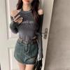 Estilo coreano sentido del diseño casual halter ropa de trabajo niñas principios de otoño versátil ajuste ceñido corto hombros descubiertos manga larga camiseta top