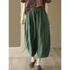 Calças Casuais de Algodão e Linho para Mulheres, Verão Cintura Elástica Cordão Harem Soltas, Calças Lanterna Vintage Patchwork Fluidas para Mulheres