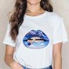 Camiseta de manga corta para mujer, nueva camiseta de primavera y verano de 2023, divertida camiseta de manga corta con estampado de labios de color aceite y cuello redondo