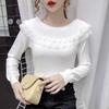 Otoño e Invierno 2025 Suéter Delgado con Encaje Empalmado y Volantes Camiseta Básica Slim de Manga Larga Top de Punto para Mujer