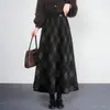 Saia de Lã Xadrez, Moderna e Versátil, Saia Midi de Cintura Alta Elástica Estilo Chinês, Saia Grossa Inverno 2025, Saia Evasê