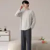 Pijama Masculino de Algodão Puro com Gola Redonda Primavera Outono Inverno Novo Alta Qualidade Manga Longa Calça Longa Tamanho Plus Casual Roupa de Casa Conjunto para Usar por Cima