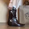 Botas Cortas de Mujer Estilo Western Vintage Chuyuji con Doble Hebilla Metálica, Punta Fina, Tacón Bajo, Botas de Jinete Adelgazantes Fruncidas