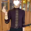 Blusa elegante e estilosa com meio gola alta e mangas compridas adornada com strass para mulheres, nova moda de outono para mães, camisa básica modeladora e chique