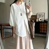 Novo conjunto estilo chinês e nacional, camisa com proteção solar para mulheres baixinhas, inspirado em Zen, inspirado em Budismo, relaxado e casual, conjunto versátil de blusa e calça