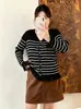 Cárdigan de punto a rayas con volantes para mujer talla grande 2026 otoño versátil top ajustado para mujer talla grande