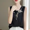 Nova camisola de verão com retalhos de renda para mulheres, top com gola redonda, estilo pullover, corte solto, top de base bordado estilo chinês