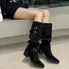 Botas apiladas adelgazantes Chuyuji retro de gamuza color albaricoque con caña ancha, punta fina, tacón grueso, botas vaqueras de mezclilla hasta la rodilla