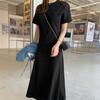 Vestido Pulôver de Manga Curta Solto com Gola Redonda Cor Sólida Elegante para o Verão, Primavera e Outono, com Marcação na Cintura para Mulheres