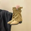 Botines Retro de Moda Versátiles Puntiagudos Botas de Media Caña con Remaches 2026 Otoño/Invierno Hebilla Tacón Grueso Botas Fruncidas