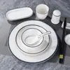Conjunto de mesa cerâmico de três peças prato de osso Tigela Asa Colher Copo pauzinhos Hotel hotel desinfecção Linha Dourada borda azul louça atacado