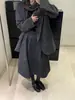 Saia Lã Mesclada Cinza Estilo Coreano com Design de Retalhos, Saia Midi de Cintura Alta Linha A para Inverno, Saia Bufante