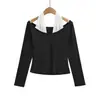 Cl2606-26 Novo Estilo de Início de Primavera Estilo Europeu e Americano Slim Fit Color Block Gola Alta sem Ombro Manga Longa Camiseta para Primavera e Outono