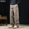 "Junta de Bambu Lavada Desbotada" Calça Casual Reta 100% Algodão Masculina Outono Novo High-End Francesa de Trabalho Azul Solta Tamanho Grande Longa