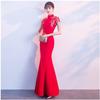Traje vermelho slim fit cauda de peixe cheongsam de casamento modelo de boas-vindas de palco desfile de moda apresentador de coral vestido de noite