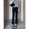 Calça de Terno Preta Drapada Flare com Fenda para Mulheres, Outono Plus Size, Cintura Alta Emagrecedora Reta Casual Curta