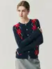 Suéter de Punto de Cachemira con Cuello Redondo para Mujer con Intarsia Bloque de Color, Patrón de Diamantes, Top de Manga Larga para Otoño e Invierno, Chaqueta Base de Patchwork