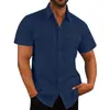 Camisa de Hombre de Nuevo Modelo Transfronteriza Aliexpress Ebay Europea y Americana con Doble Bolsillo, Camisa de Manga Corta de Algodón y Lino, Camisa Casual para Vacaciones