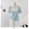 Suéter Dulce Lindo Lazo Cuello Cuadrado Costuras en Color de Contraste Manga Corta para Mujer Verano Ajustado Adelgazante Top Corto para Mujer