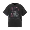 Camiseta de Manga Corta Estampada con Estrella y Retrato Vintage Lavado Retro Americana para Hombres y Mujeres, Top Casual Holgado de Verano de Moda