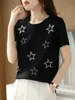 Camiseta feminina de algodão mercerizado com strass em formato de estrela, gola redonda, cor sólida, corte slim, modelagem que emagrece, para o dia a dia, primavera e verão, nova