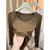 Blusa Lisa Básica de Gola U com Manga Longa para Mulheres Design Coreano Versátil Emagrecedor Camada Base Roupa Íntima Blusa de Outono