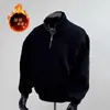 Moletom com Forro de Lã para Homens, Estilo Retro Americano, Pulôver com Meio Zíper, Caimento Solto, Versátil, Moderno, Peça Casual Resistente para Outono e Inverno