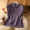 Verano 2026 Nuevo Vintage Artístico Casual Manga Acampanada Bolsillo Moda Ajuste Delgado Cuello Solapa Color Sólido Top Delgado para Mujer