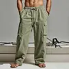 2026 Calças de Trabalho Lisas Tamanho Plus Size Masculinas Amazon com Cordão na Cintura Elástica, Calças Casuais de Perna Larga com Múltiplos Bolsos para Homens