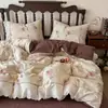 Juego de ropa de cama de doble capa de gasa con encaje francés, mezcla de lino y algodón engrosado para otoño e invierno, con funda nórdica de estilo retro adecuada para todas las estaciones.