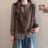 Camisa xadrez patchwork retrô duas peças plus size para mulheres, novo top soltinho de manga longa para o outono de 2026